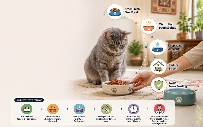 Create a realistic, high resolution 16:9 image for a blog section titled "What Can You Do at Home?". Show a healthy gray domestic cat sitting beside a clean bowl of fresh wet cat food while a pet owner gently places the bowl down. Include a second bowl filled with fresh water nearby. The home should look bright, clean, and comfortable with subtle Pakistani interior elements such as simple furniture and decor. The cat should appear calm but slightly hesitant to eat. Add small, modern medical style icons representing fresh wet food, warm food, clean water, a peaceful environment, and safe care. Use natural daylight, soft shadows, realistic fur texture, sharp focus, veterinary educational style, photorealistic, ultra detailed, 4K quality, no watermark, no logo, no embedded text, and leave clean empty space on the left side for blog heading placement.