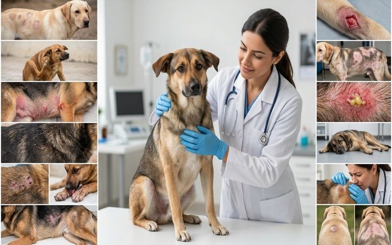 dog hair loss symptoms including bald patches, itching, skin redness, infections, and warning signs when to visit a veterinarian.