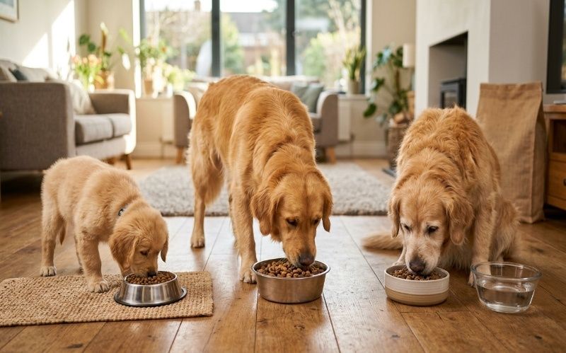Golden Retriever puppy, adult, and senior dog eating healthy dog food in a modern home