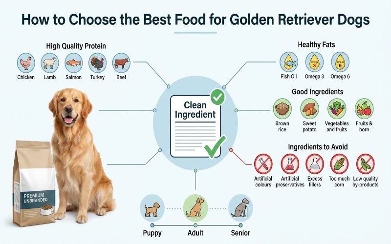 Golden Retriever dog food ingredients comparison showing high protein, healthy fats, good ingredients, and ingredients to avoid