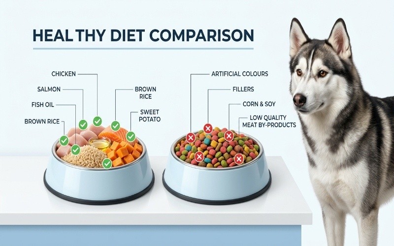 Healthy and unhealthy ingredients in Husky dog food comparison infographic