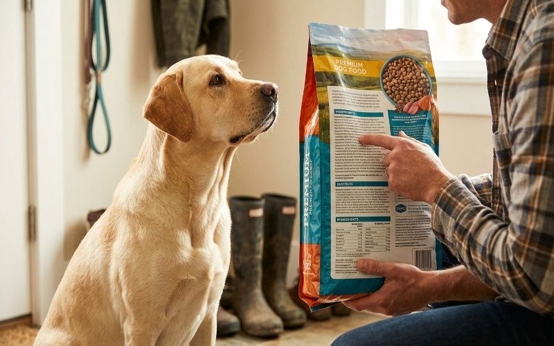 Healthy Labrador Retriever with premium dog food and essential nutrients for balanced nutrition