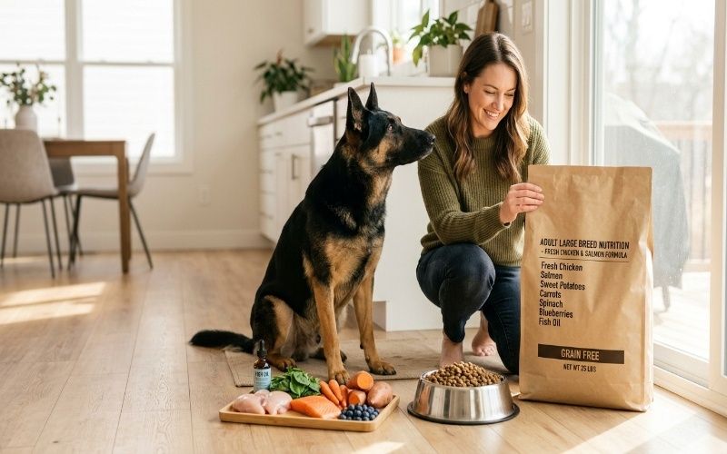 Dog owner choosing premium large breed dog food for a healthy German Shepherd at home.