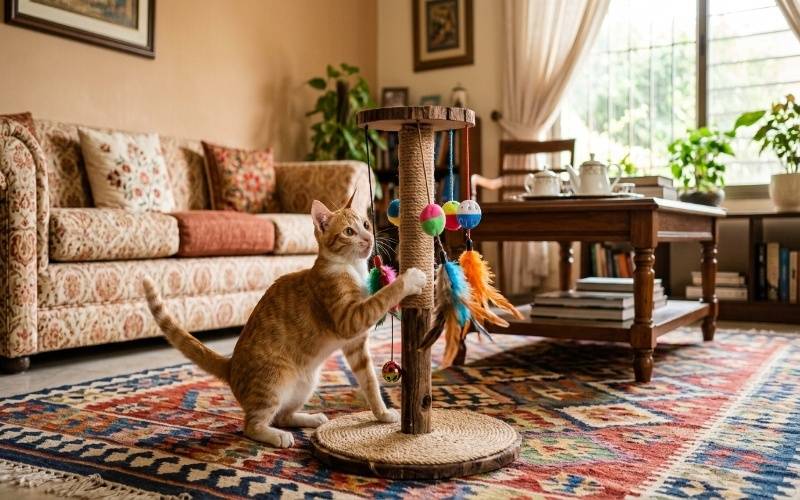 Cat playing with interactive scratching toy with balls and feathers in Pakistani home