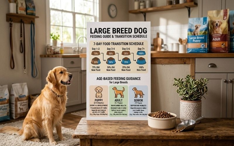 A seven day feeding schedule to transition a large breed dog from old food to new food, with feeding guidance for puppies, adult dogs, and senior large breed dogs.