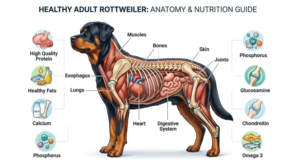 Healthy Rottweiler body showing key nutrients needed for muscles joints bones and digestion
