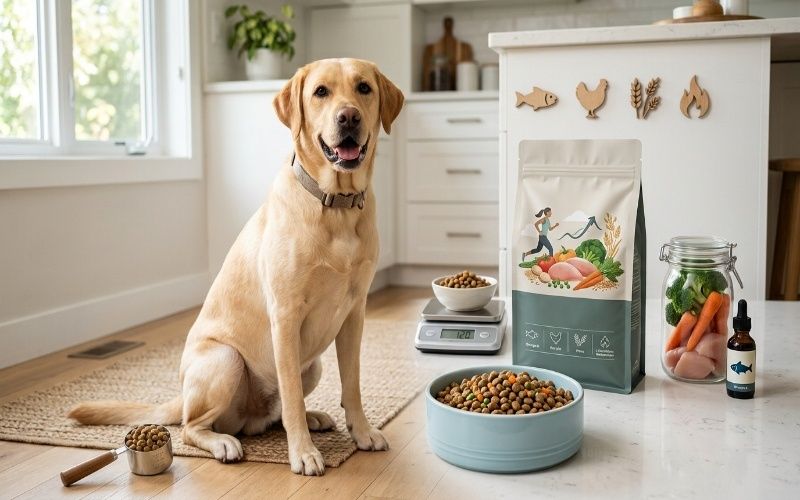 Healthy dog eating weight management food with controlled calories