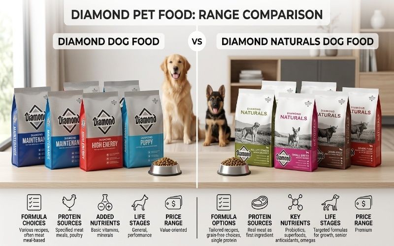 Diamond Dog Food and Diamond Naturals Dog Food bags compared side by side
