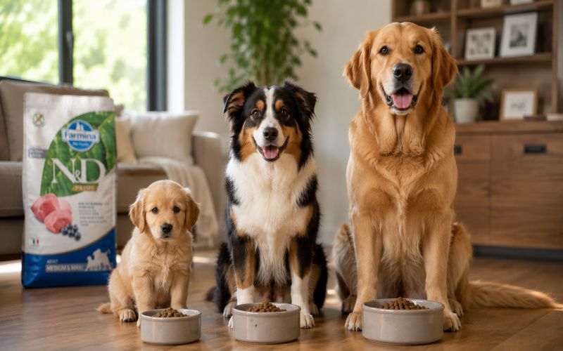 Farmina dog food for puppies, adult dogs, and different dog sizes