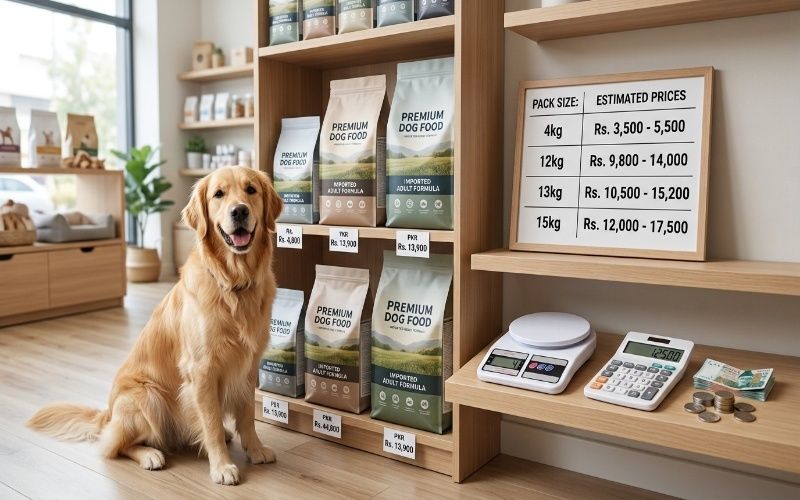 Imported dog food price comparison with different pack sizes and a Golden Retriever