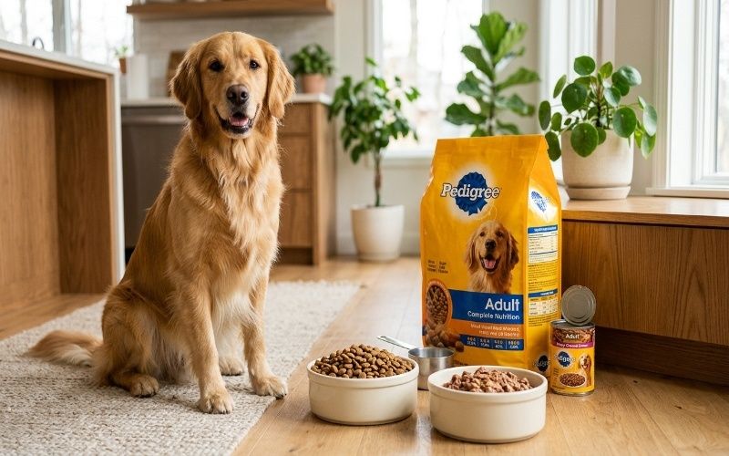 Pedigree dog food with dry kibble and wet food beside a healthy dog