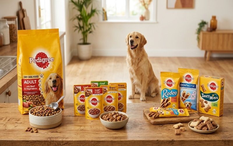 Different types of Pedigree dog food including dry food, wet food and treats