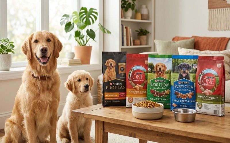 Popular Purina dog food options including Pro Plan, Purina ONE, Dog Chow and Puppy Chow