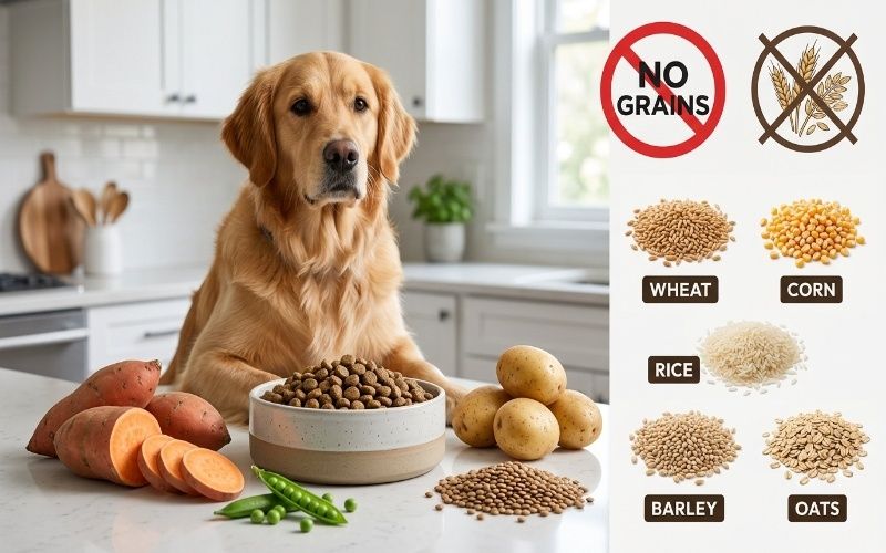 Grain free dog food with sweet potatoes, peas and other alternative ingredients
