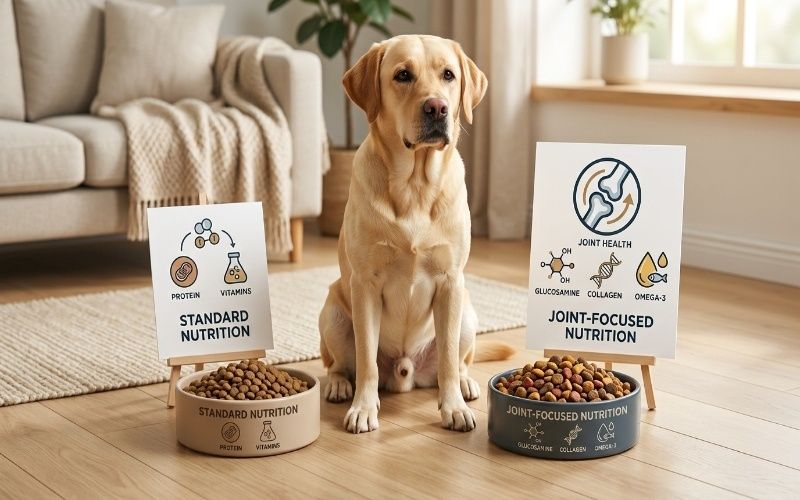 Labrador with regular and joint care dog food for joint support