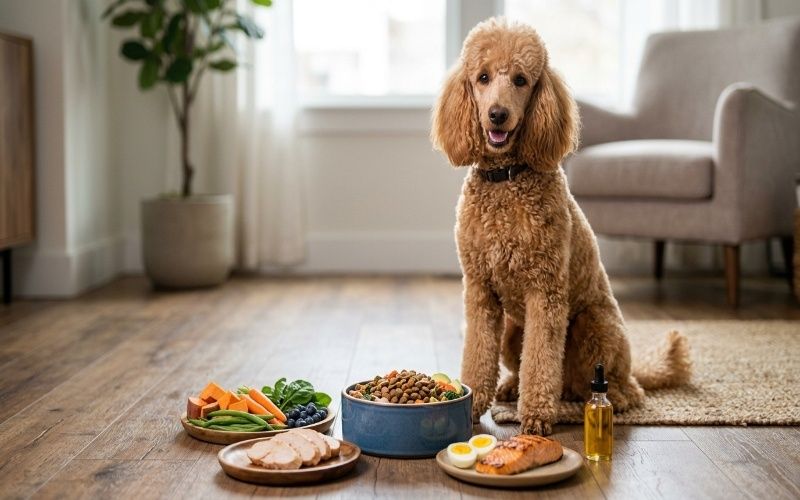 Healthy Poodle beside balanced dog food with protein and healthy fats