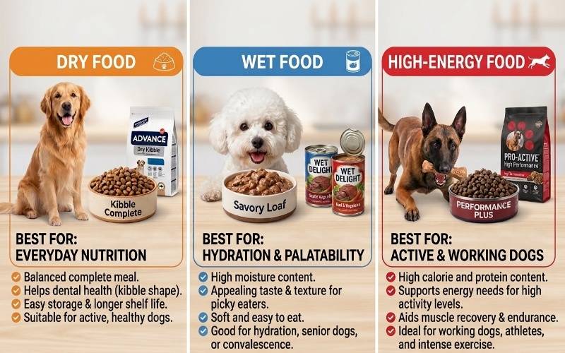 dry food, wet food, and high-energy dog food
