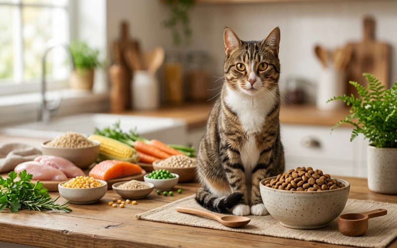 Healthy cat beside dry food with natural ingredients representing cat food nutrition