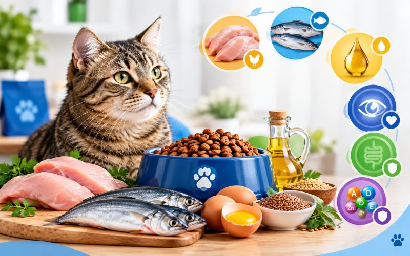 Healthy cat food with essential protein, taurine, vitamins, minerals and fish oil