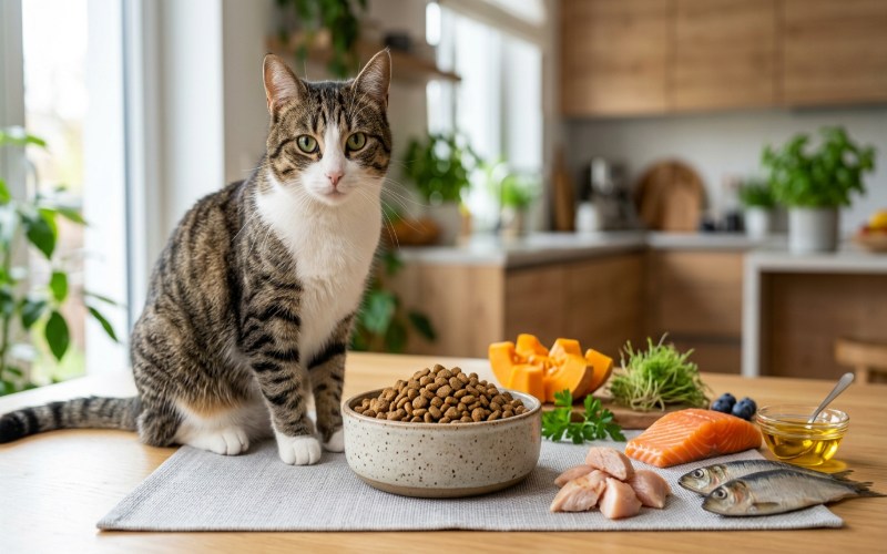 Healthy cat beside kibble with chicken, fish and nutritional ingredients