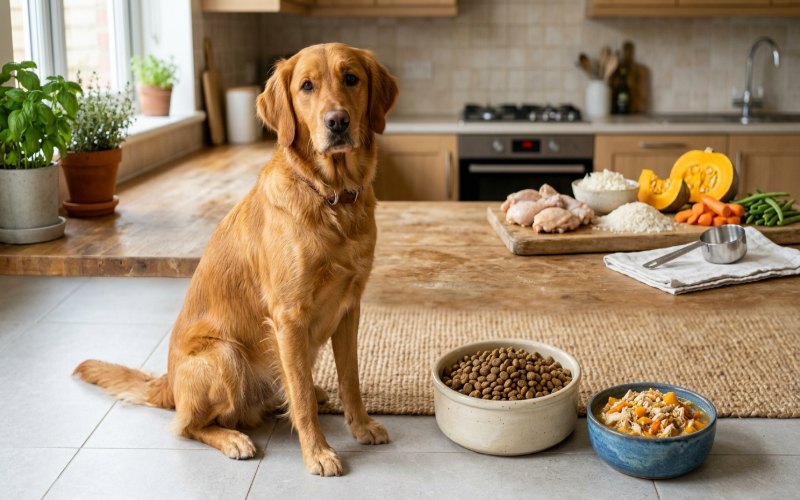 Healthy dog beside dry and wet digestive care dog food with nutritious ingredients