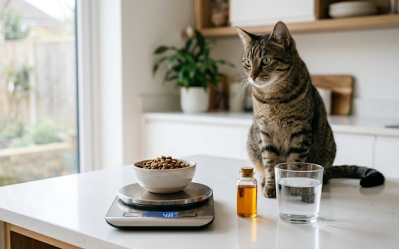 Healthy cat beside a bowl of dry cat food with natural protein ingredients.