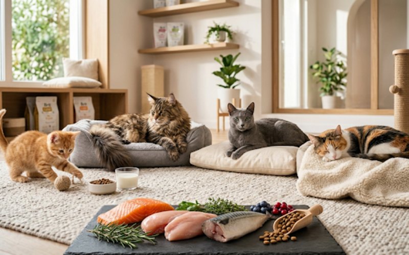 Kitten, adult cat, and senior cat beside Brit Care cat food packages.