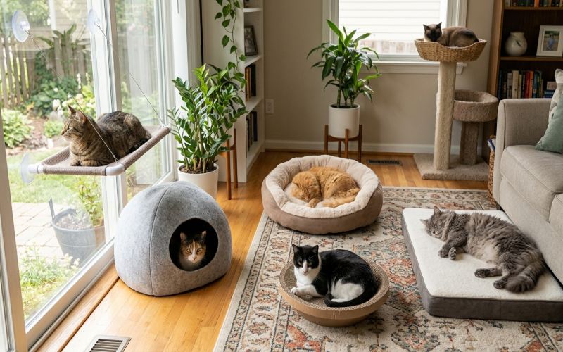 Different cat bed styles, including round beds, cushions, cave beds, hammocks and cooling mats
