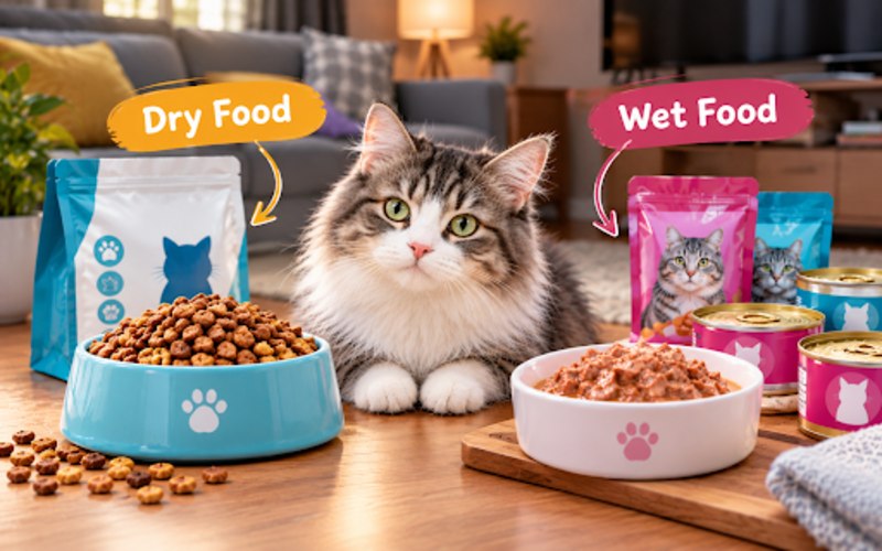 Cat sitting between bowls of dry kibble and wet cat food