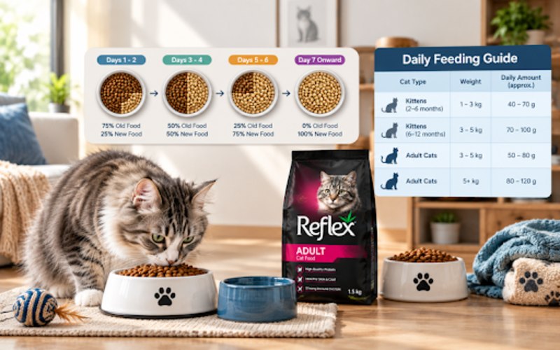 Cat eating dry food beside a second bowl during a gradual food transition