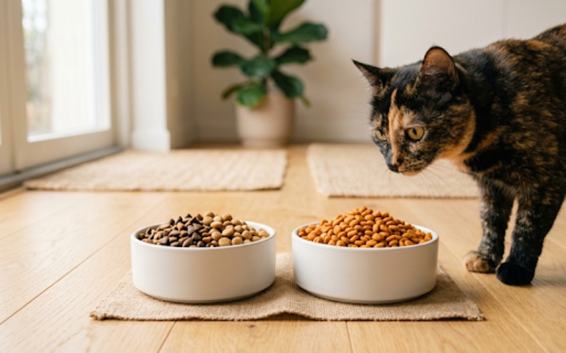 Cat eating from a bowl beside a second bowl of dry food during a gradual food transition.