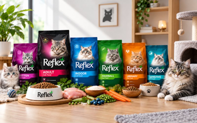 Reflex Cat Food beside a bowl of dry food and selected ingredients