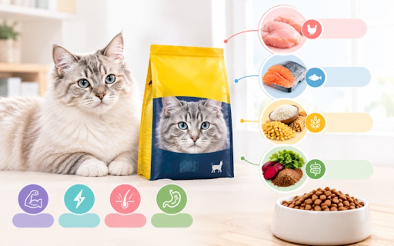 Dry cat food, animal protein ingredients, and a nutrition label illustrating cat food ingredients and nutritional information.