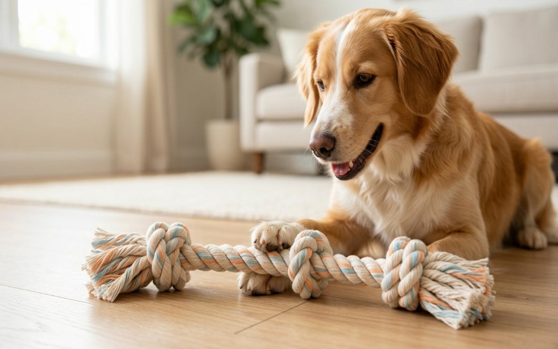 Dog beside a knotted cotton rope toy showing its material, weave, and construction.