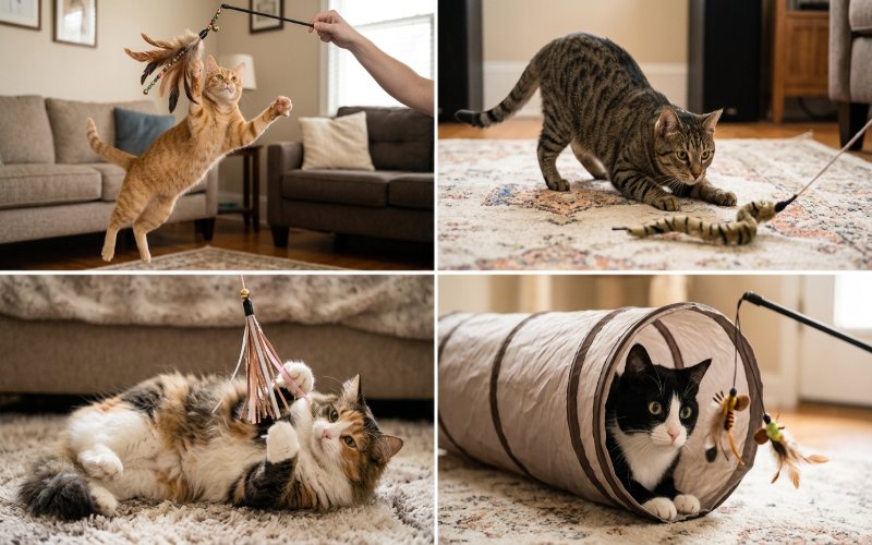 Cat exploring feather, mouse-shaped and ribbon teaser toys