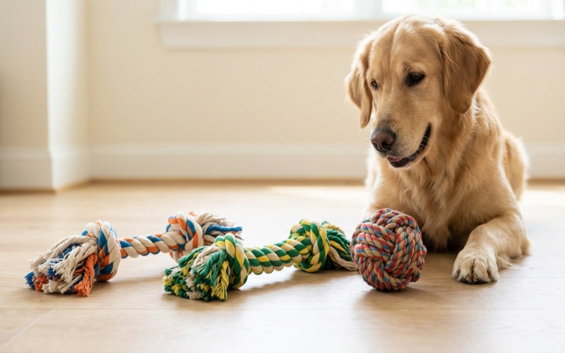 Double-knot, braided, and rope ball dog toys arranged beside a playful dog.