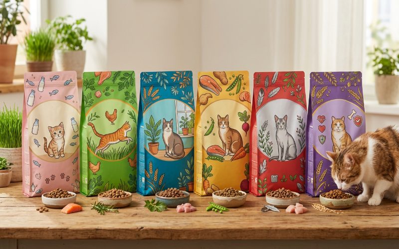 Adult cat and kitten beside bowls of different cat food formulas for various life stages and dietary needs.