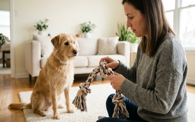 Dog owner checking the size, knots, and material of a rope toy before playtime.