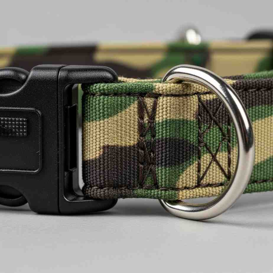 Side view of army printed collar showing camouflage and buckle detail