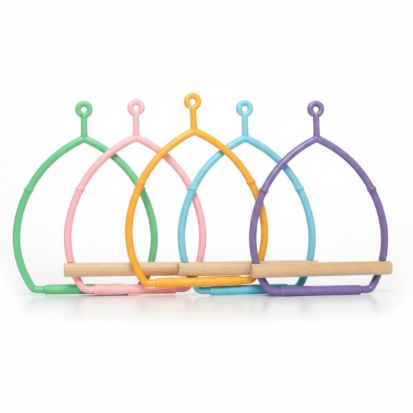 Five colorful bird cage swings arranged in a clean front view studio shot on white background