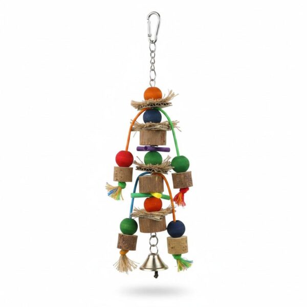 Front view of colorful hanging wooden bird play toy on white background