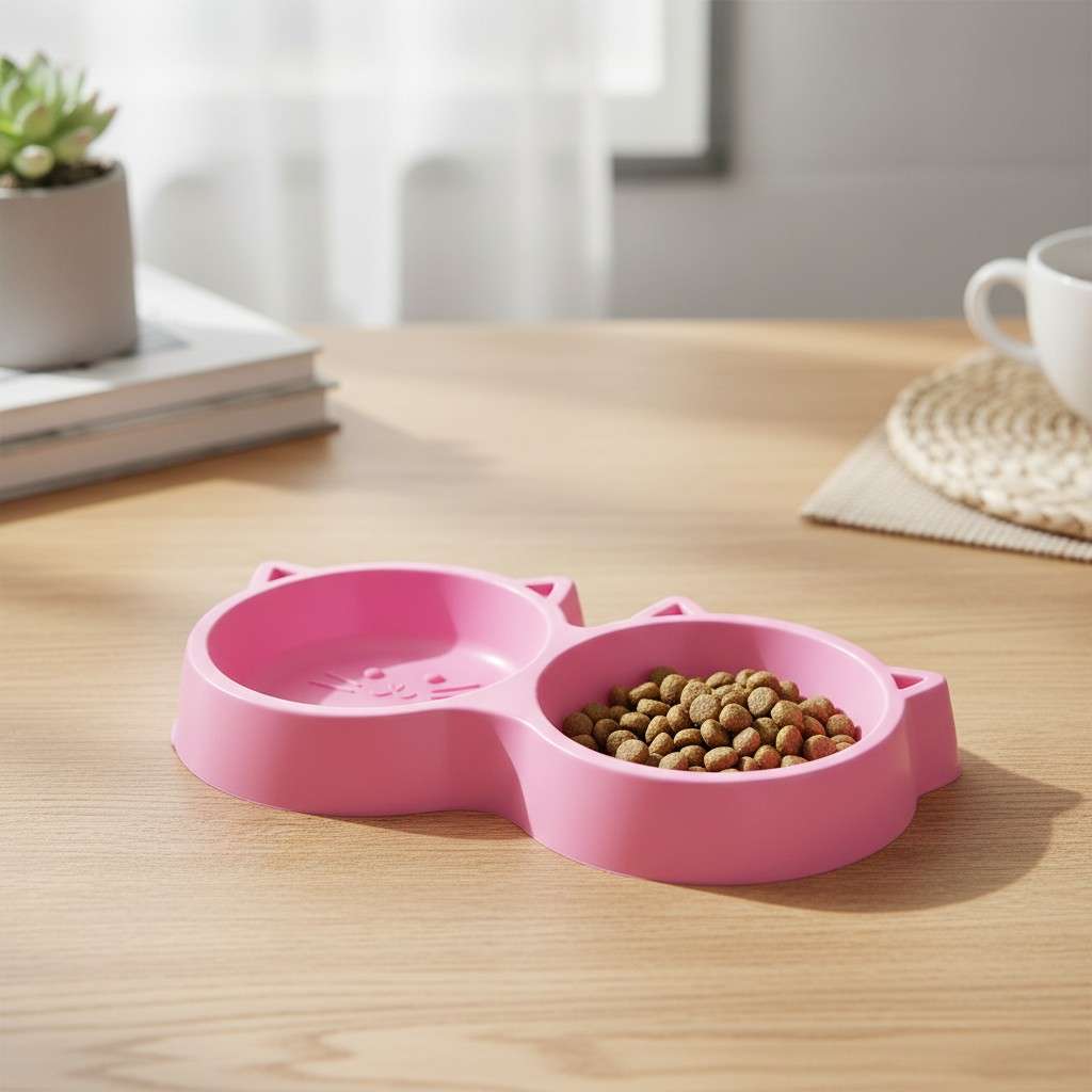 Angled view of cat face double feeding bowl