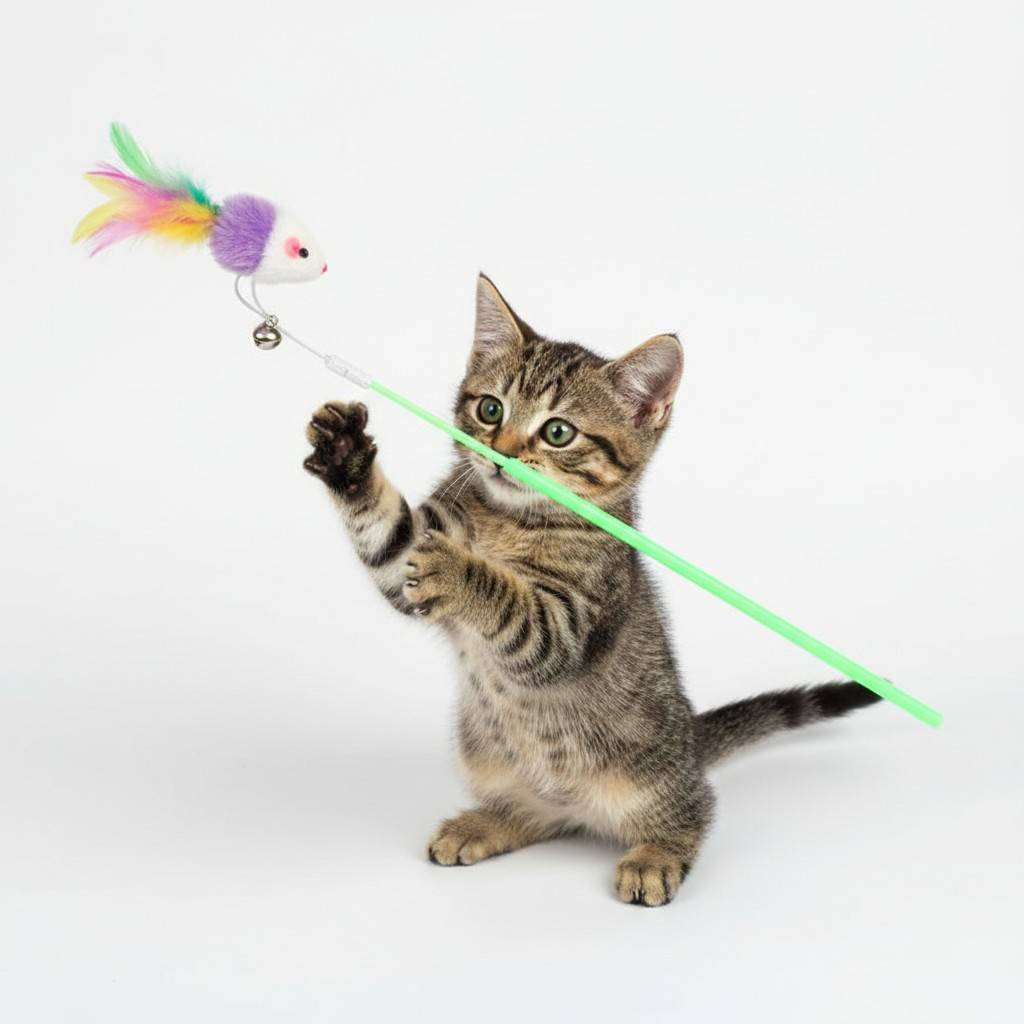Owner playing with cat using teaser stick toy