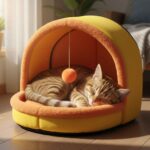 Cat sleeping peacefully in soft warm pet nest bed
