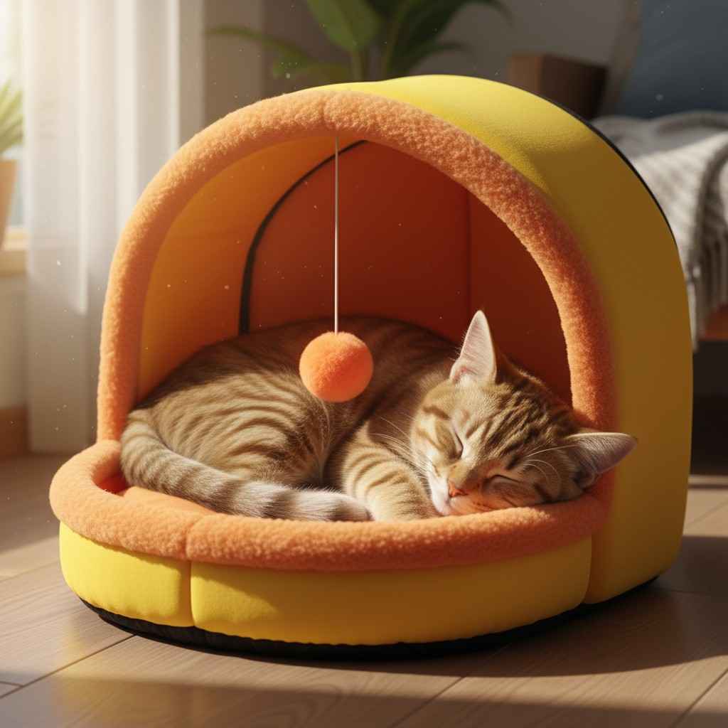 Cat sleeping peacefully in soft warm pet nest bed