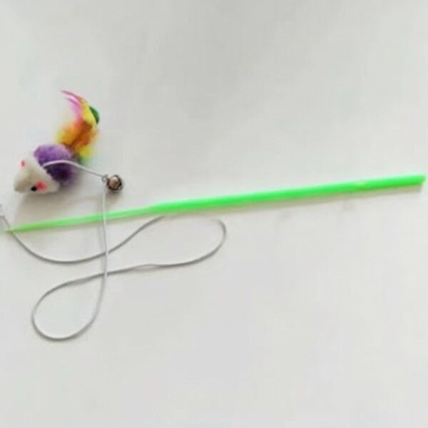 Cat playing stick toy with attached mouse teaser