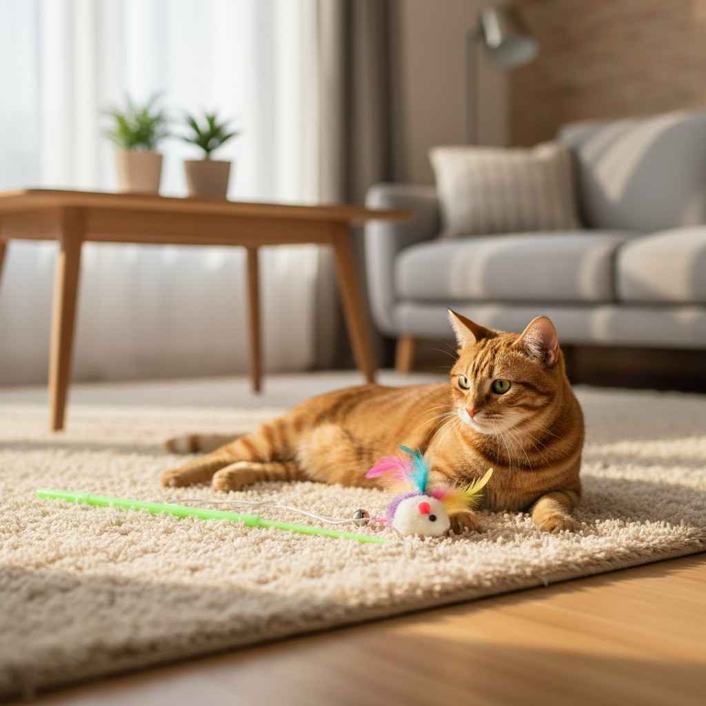 Cat teaser toy placed in cozy home environment
