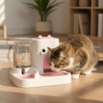 Cat drinking water from automatic pet dispenser bowl indoors