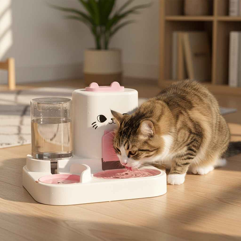 Cat drinking water from automatic pet dispenser bowl indoors