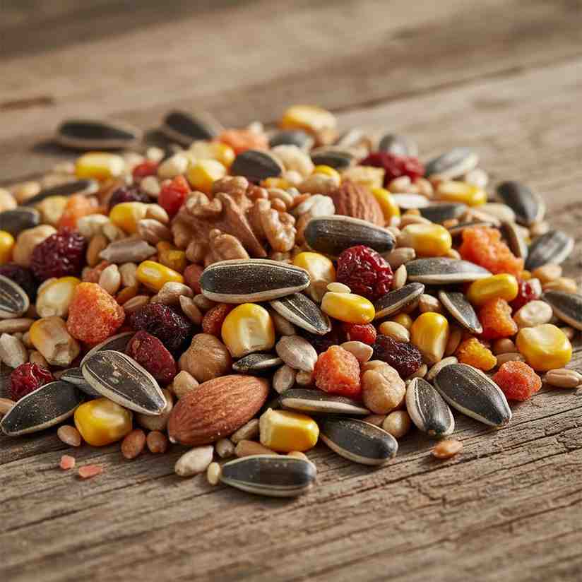 Macro close-up of mixed seeds for big parrots on wooden surface